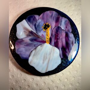Fused Art Stained Glass Plate - White and Purple Pansy Flowers-heavy